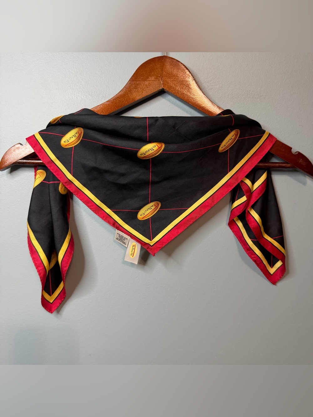 Talbots Vintage 100% Silk Black Square Scarf Red with Gold Logo 21x21”